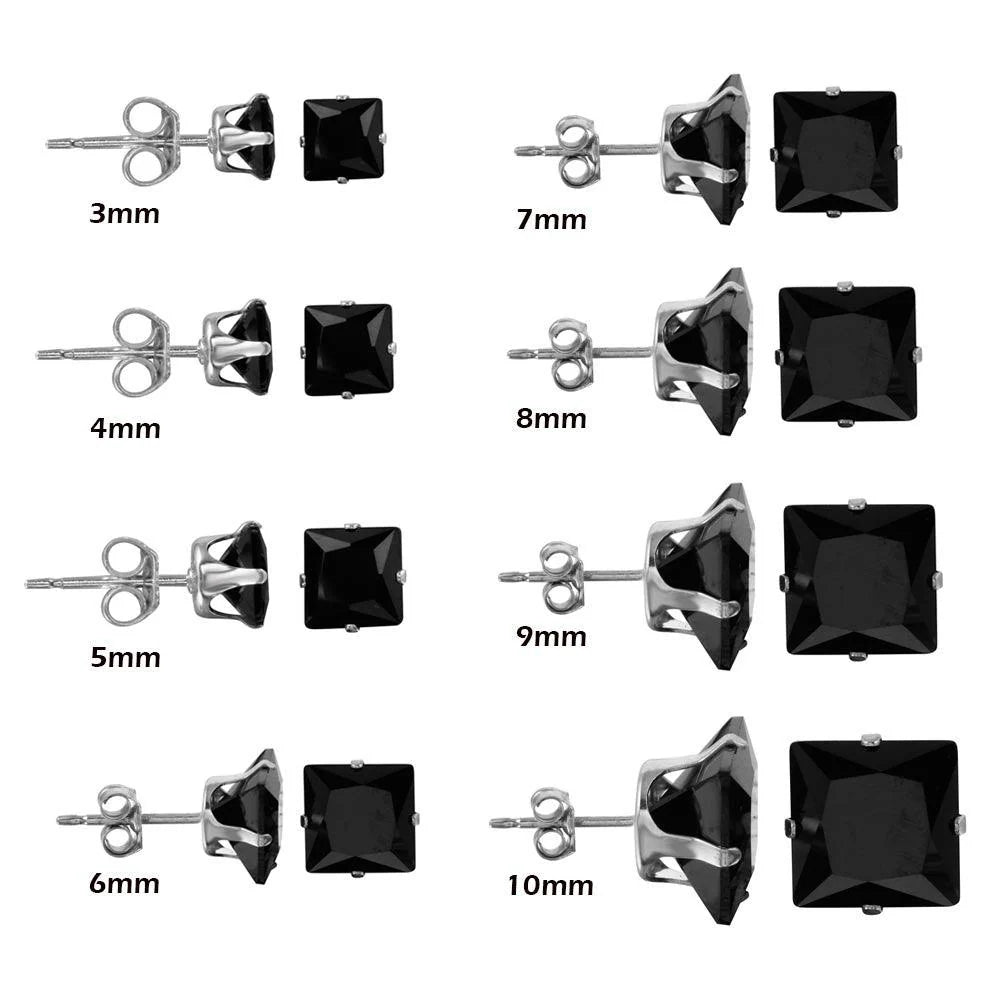 Black 925 Sterling Silver CZ Square Studs