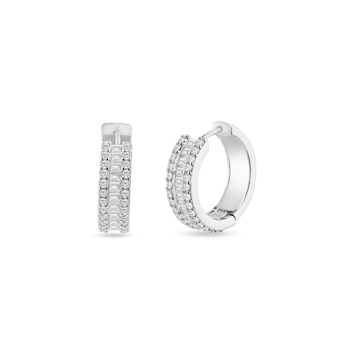 Baguette CZ Diamond Mens Silver Huggie Hoops