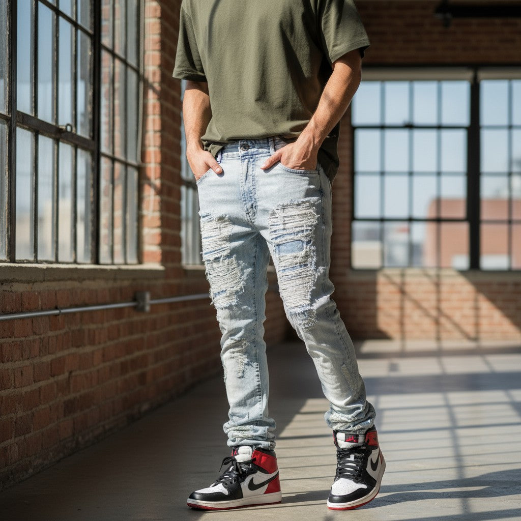 Denim Distressed Stacked Pants