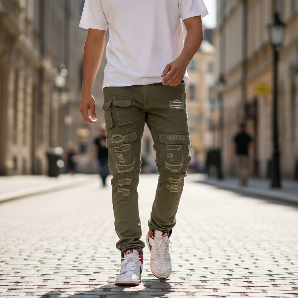 Cargo Stacked Distressed Pants