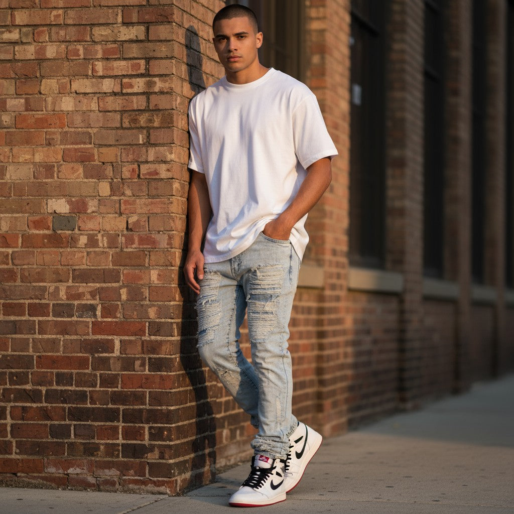 Denim Distressed Stacked Pants